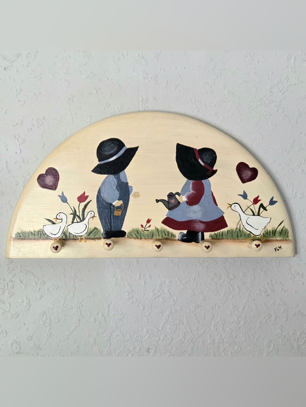 Handpainted Wooden Wall Plaque Peg Rack Vintage Cottagecore Folk Art